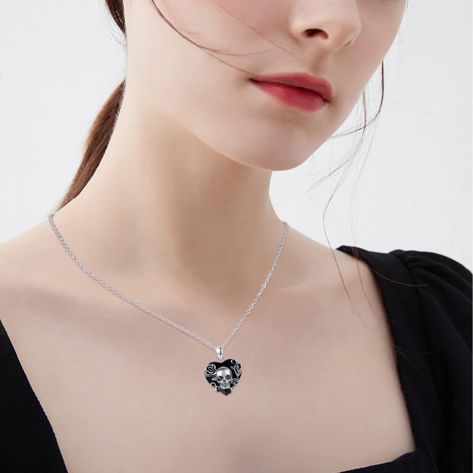 TRISHULA Skull Necklace, 925 Sterling Silver Rose Skull Pendant with Austrian Black Heart Crystal Gothic Skull Horror Jewelry Gift for Women Halloween Mother's Day