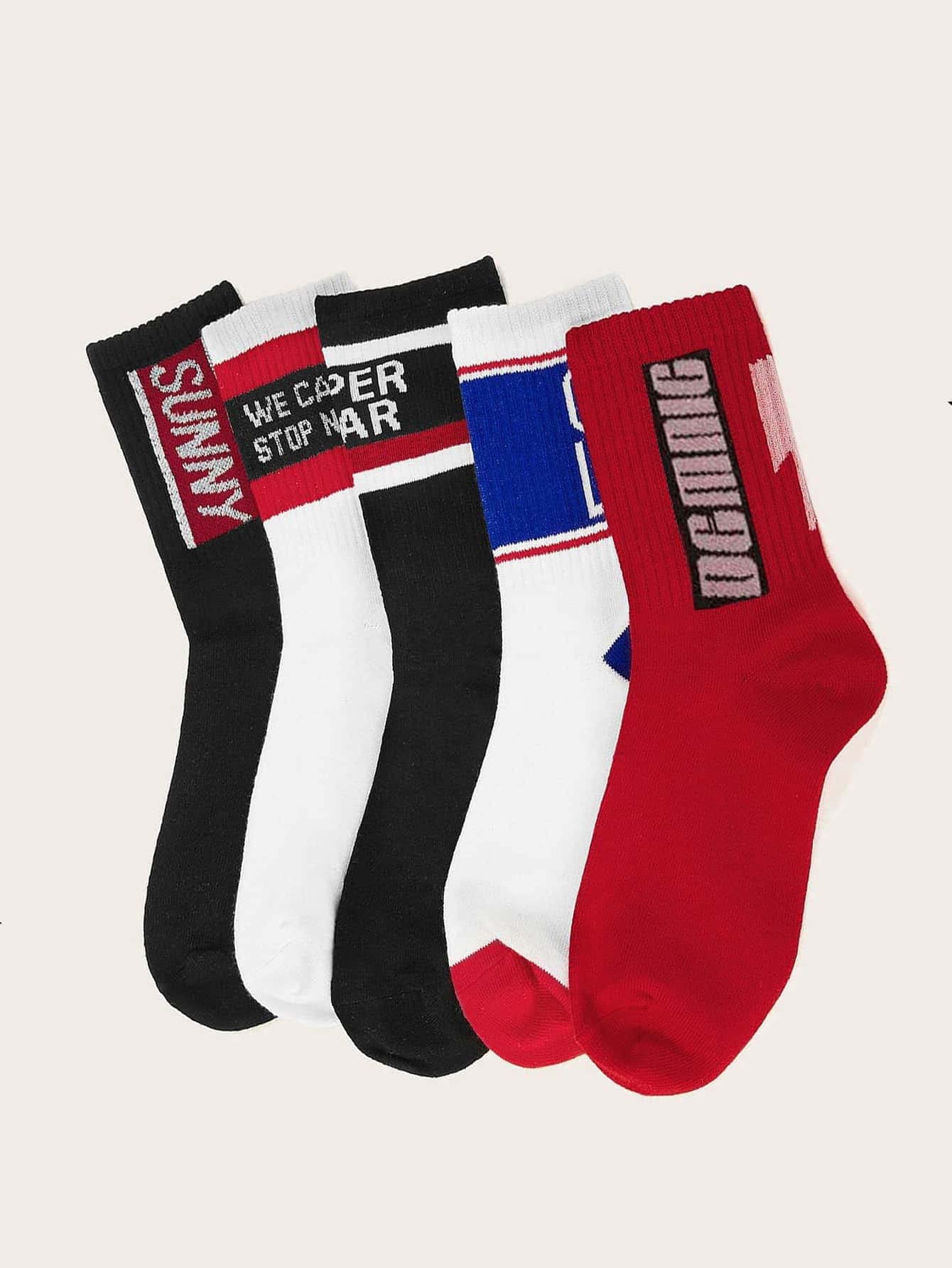 OYOANGLE Men's 5 Pairs Men Letter Graphic Crew Socks Casual Sports Socks Multicolor one-size