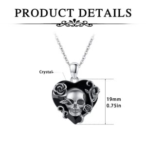 TRISHULA Skull Necklace, 925 Sterling Silver Rose Skull Pendant with Austrian Black Heart Crystal Gothic Skull Horror Jewelry Gift for Women Halloween Mother's Day