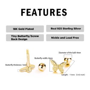 Gold Butterfly Stud Earrings 18K Real Gold Plated Hypoallergenic Screw Back Cute Earrings for Women Jewelry Gift