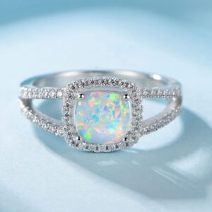 MDFUN Opal Halo Wedding Band White Gold Engagement Ring 7mm Opal Promise Eternity Ring for Women Size