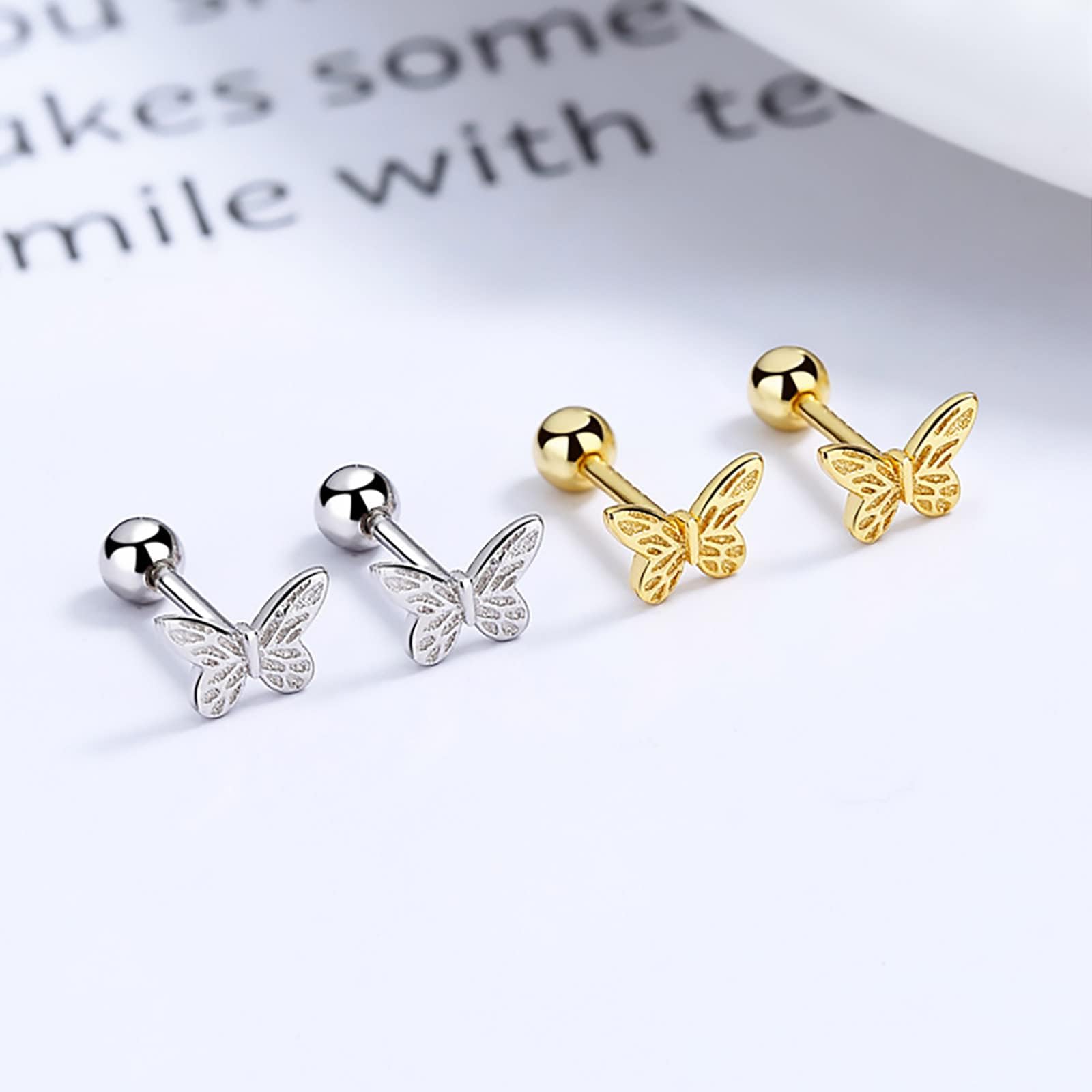 Gold Butterfly Stud Earrings 18K Real Gold Plated Hypoallergenic Screw Back Cute Earrings for Women Jewelry Gift