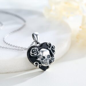 TRISHULA Skull Necklace, 925 Sterling Silver Rose Skull Pendant with Austrian Black Heart Crystal Gothic Skull Horror Jewelry Gift for Women Halloween Mother's Day