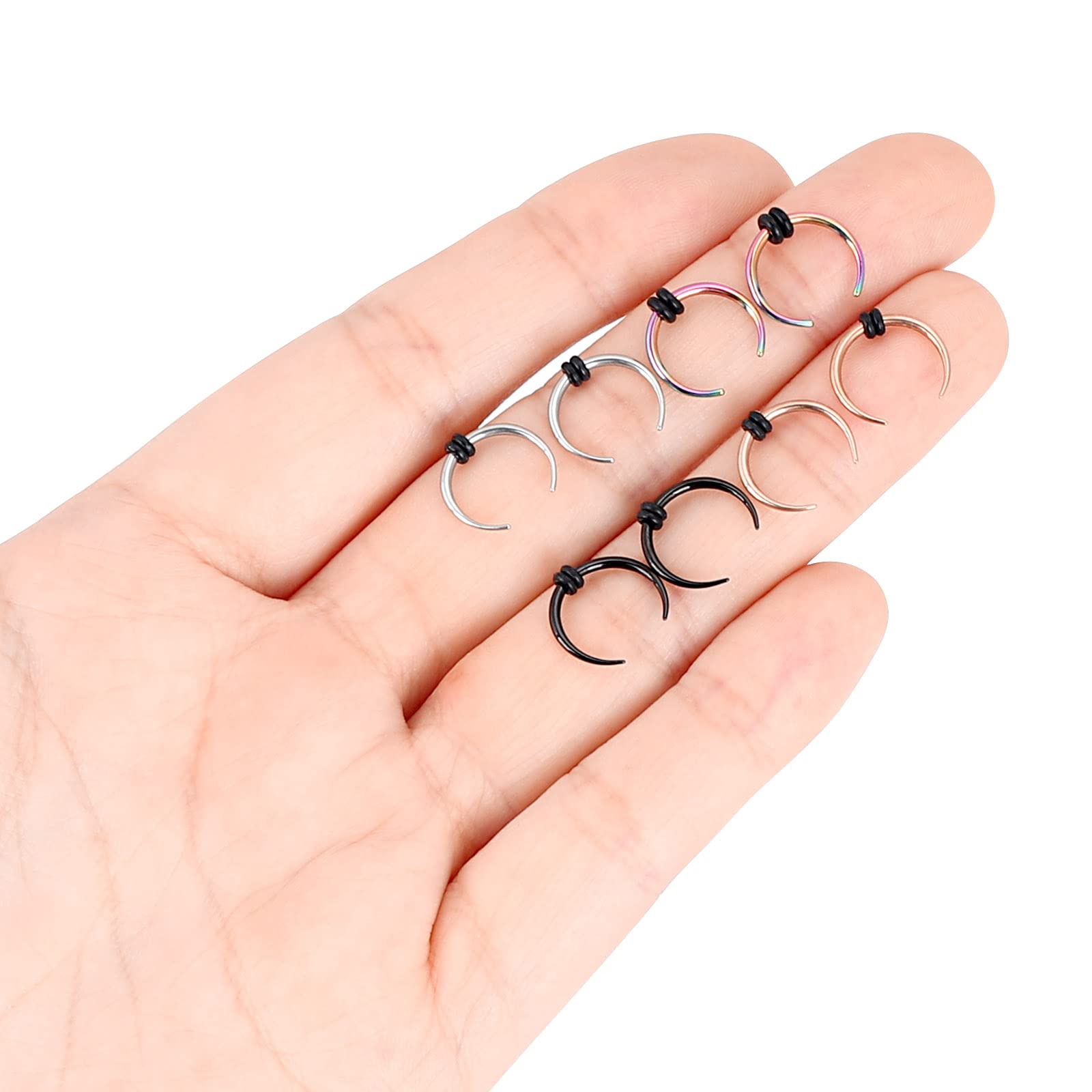 YOFANST 16g 8pcs Stainless Steel Crescent Pincher Septum Rings C Shape Buffalo Horseshoes Taper Set 4 Pairs, Inner Diameter 3/8"