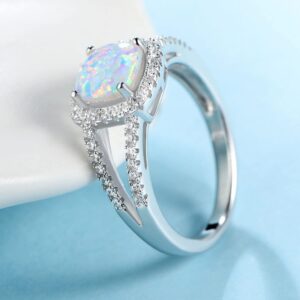 MDFUN Opal Halo Wedding Band White Gold Engagement Ring 7mm Opal Promise Eternity Ring for Women Size