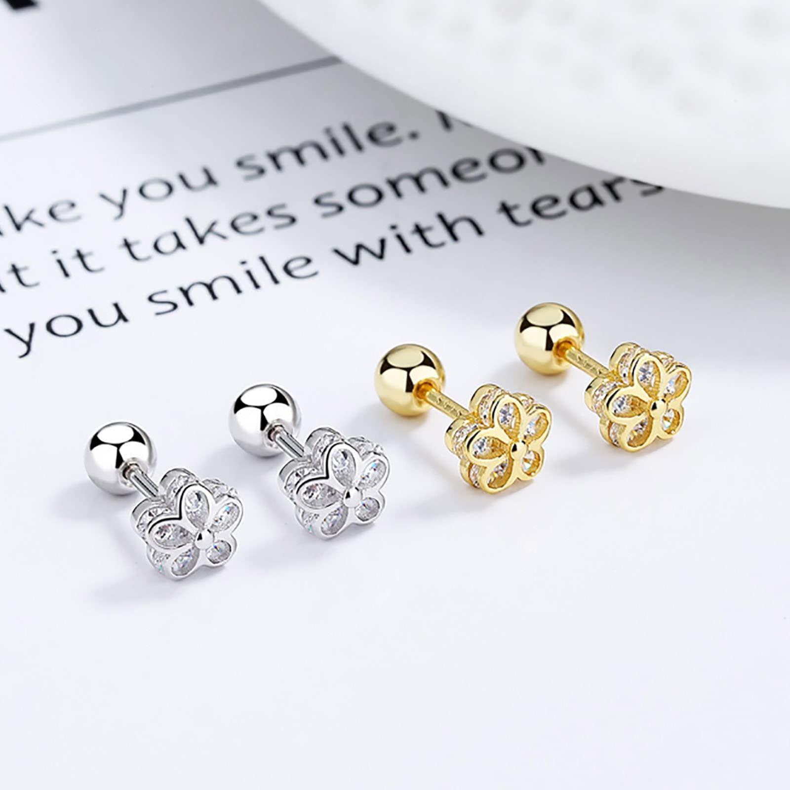 Gold Stud Earrings 18K Real Gold Plated Cubic Zirconia Screw Back Cute Flower Stud Earrings for Women