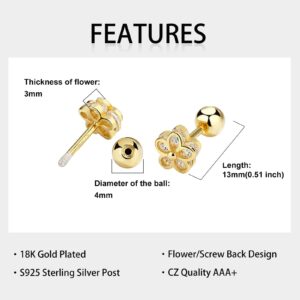 Gold Stud Earrings 18K Real Gold Plated Cubic Zirconia Screw Back Cute Flower Stud Earrings for Women