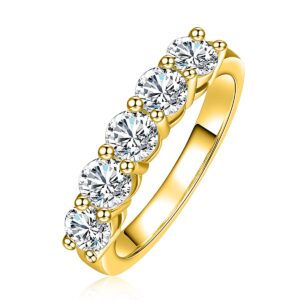 AnuClub 5 Stone Moissanite Wedding Band 1.5cttw D Color Lab Diamond 14k Yellow Gold Plated Silver Eternity Rings, Christmas Gift For Women With Certificate 6.5