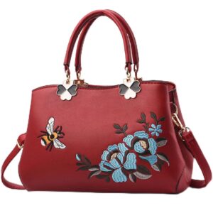 Women's PU Elegant Shoulder Bags Wild Handbags Satchel Embroidery Bee Flower Crossbody Purse (Red rose)