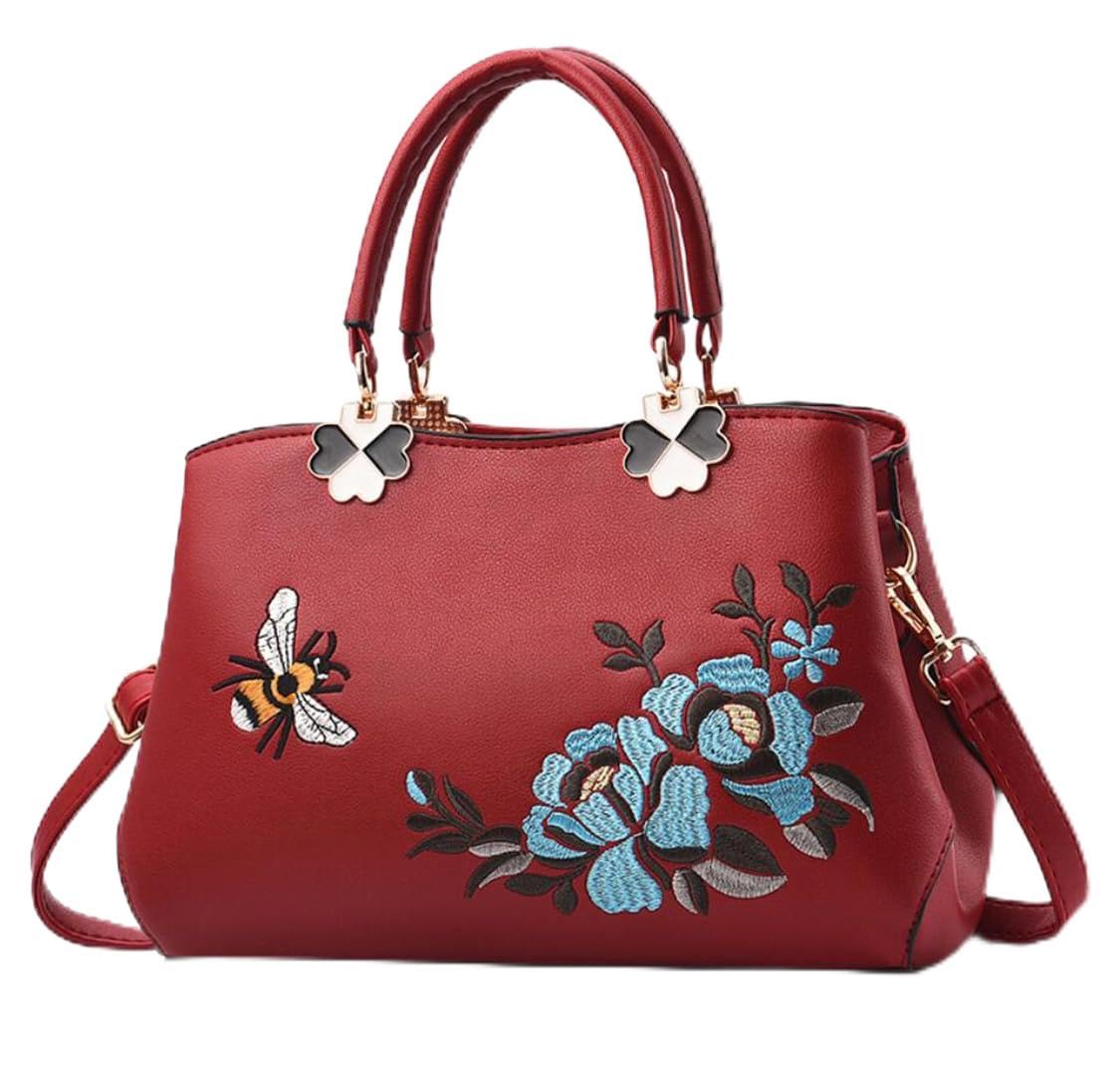 Women's PU Elegant Shoulder Bags Wild Handbags Satchel Embroidery Bee Flower Crossbody Purse (Red rose)