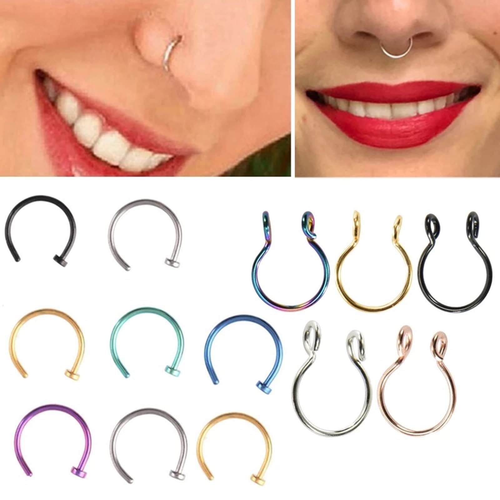 Musihy 6 PCS Nose Ring Fake Nose Ring, Colorful Stainless Steel Nose Studs for Women C Hoop 1.2MM Jewelry Piercing