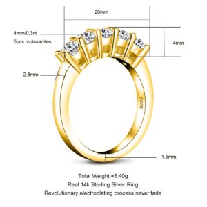 AnuClub 5 Stone Moissanite Wedding Band 1.5cttw D Color Lab Diamond 14k Yellow Gold Plated Silver Eternity Rings, Christmas Gift For Women With Certificate 8