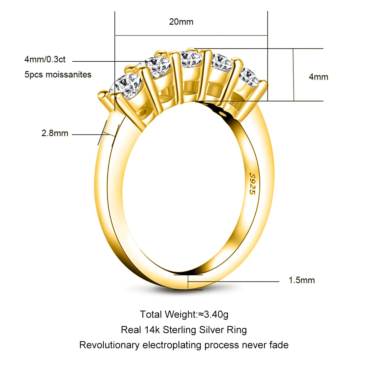 AnuClub 5 Stone Moissanite Wedding Band 1.5cttw D Color Lab Diamond 14k Yellow Gold Plated Silver Eternity Rings, Christmas Gift For Women With Certificate 8