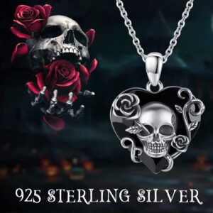 TRISHULA Skull Necklace, 925 Sterling Silver Rose Skull Pendant with Austrian Black Heart Crystal Gothic Skull Horror Jewelry Gift for Women Halloween Mother's Day