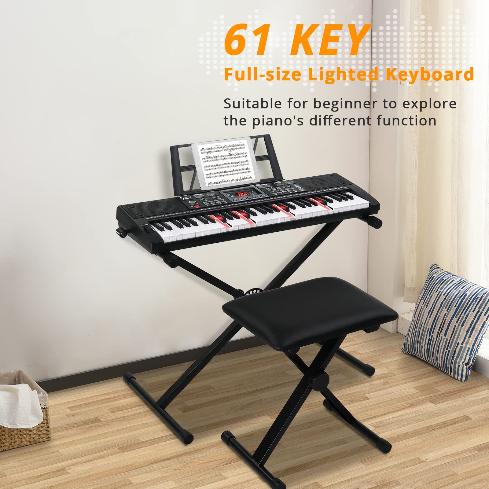 GLARRY 61 Keys Full Size Electric Keyboard Piano Set for Beginners Kids Portable Music Keyboard Baby Christmas Gifts with Piano Bench, Piano Stand, Music Stand, Microphone, Headphone, Power Supply