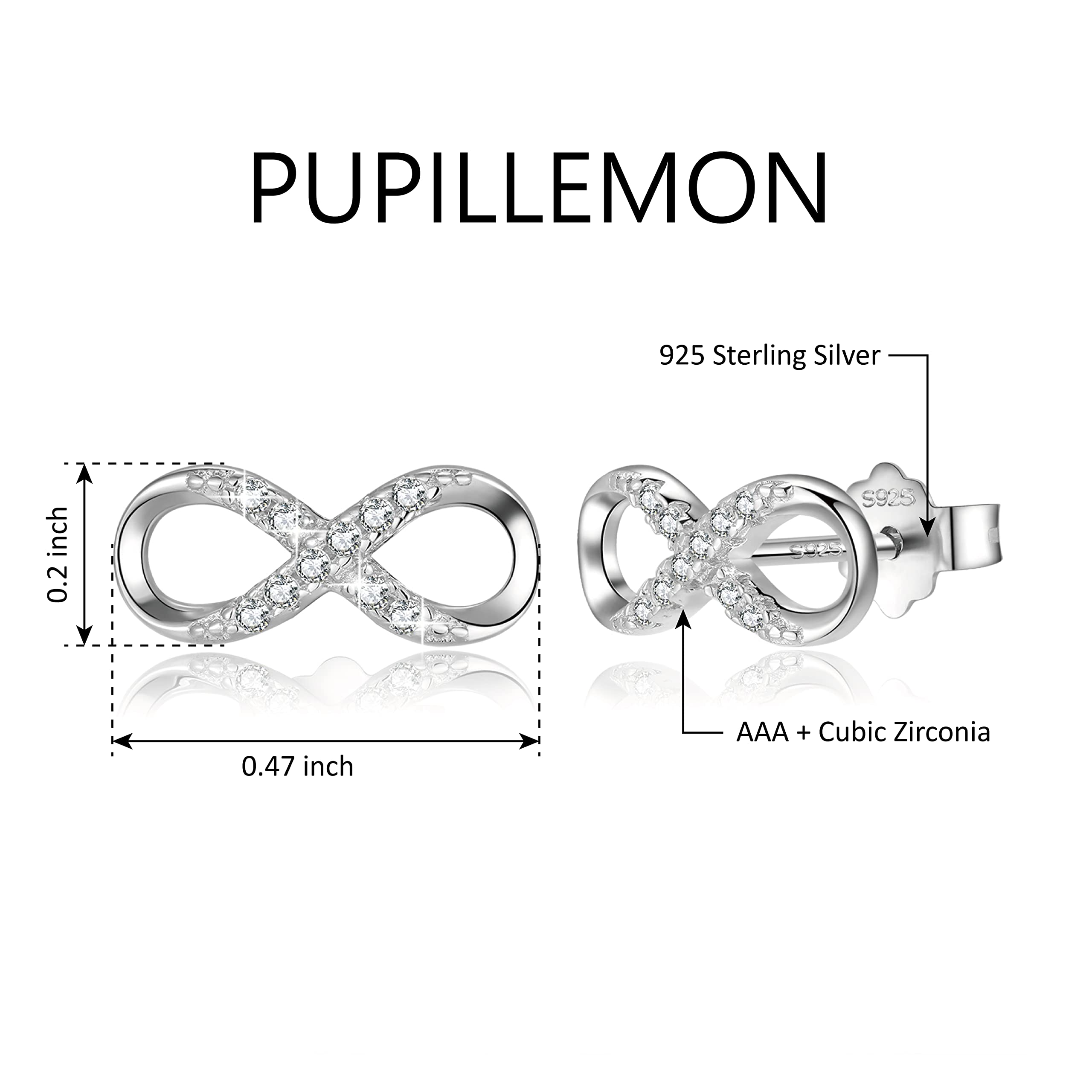 PUPILLEMON Infinity Stud Earrings for Women, 925 Sterling Silver Infinity Hoop Earrings Cubic Zirconia Womens Earrings Jewelry