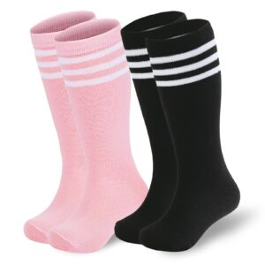 american trends kids soccer socks toddler knee high tube socks for boys girls school uniform striped long sports athletic socks 2 pack pink black white 3-6 years