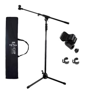 clef audio labs tripod mic stand, one-handed clutch height adjustment and telescopic boom arm - cable management clips, universal mic holder mount, adapter and carry bag included