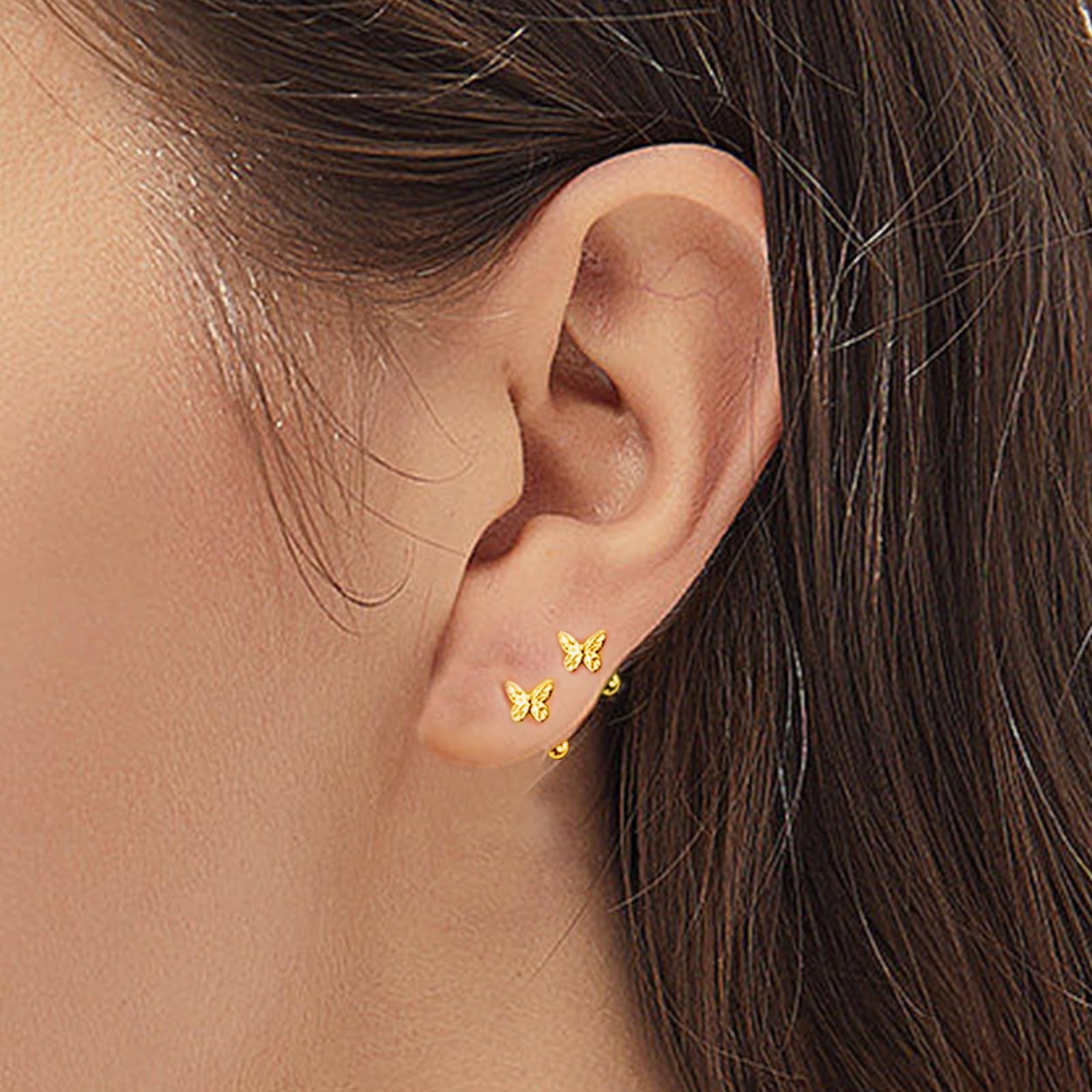 Gold Butterfly Stud Earrings 18K Real Gold Plated Hypoallergenic Screw Back Cute Earrings for Women Jewelry Gift