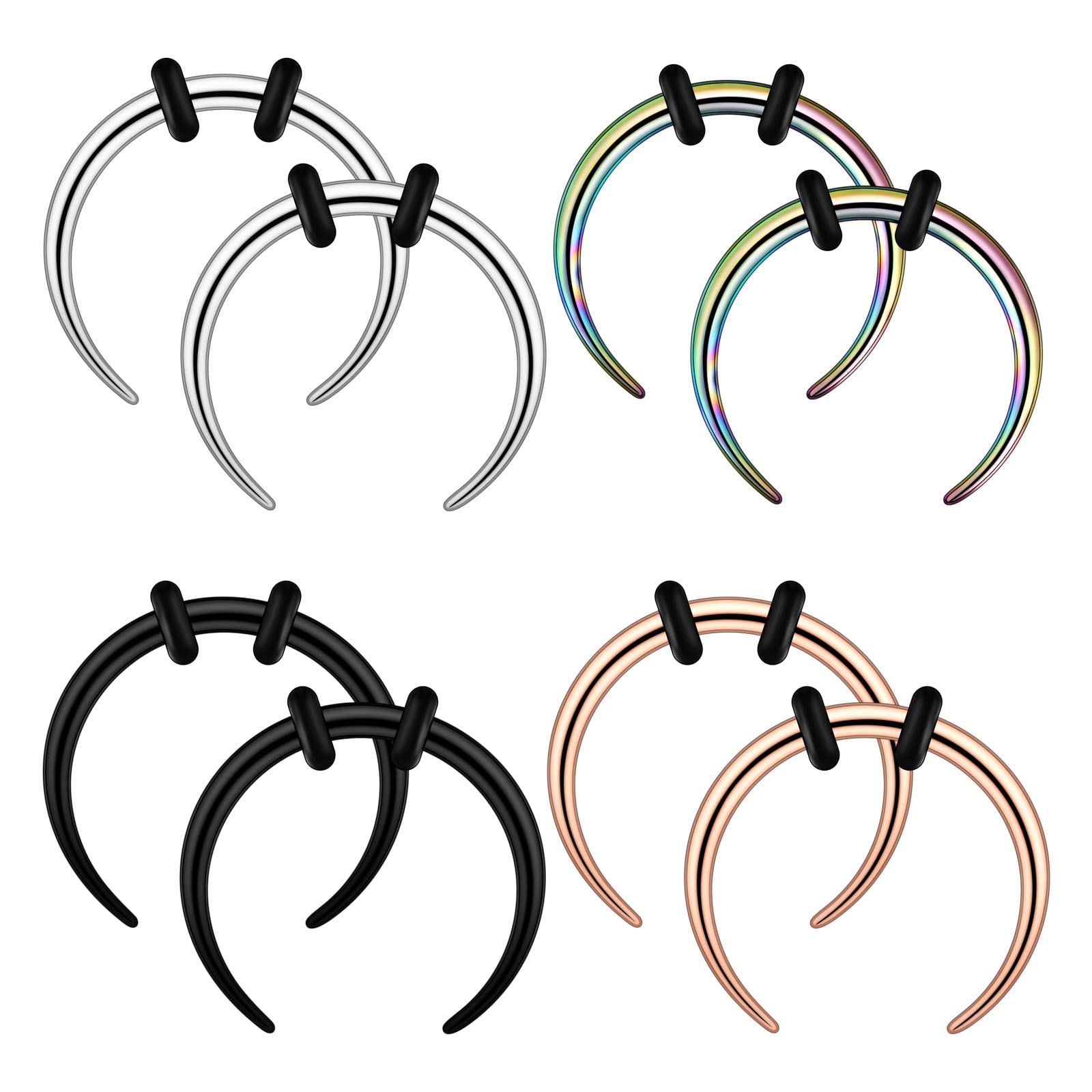 YOFANST 16g 8pcs Stainless Steel Crescent Pincher Septum Rings C Shape Buffalo Horseshoes Taper Set 4 Pairs, Inner Diameter 3/8"