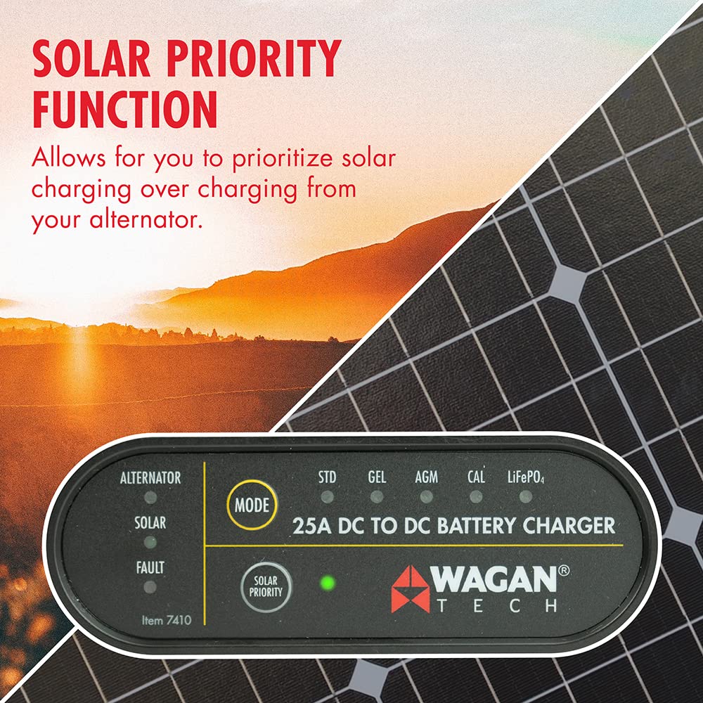 Wagan EL7410 12V 25A DC to DC Battery Charger with Solar Input MPPT Controller for SLA, Flooded, Gel, AGM, Calcium and Lithium, Using Multi-Stage Charging in RVs, Vehicles, Boats and Yachts