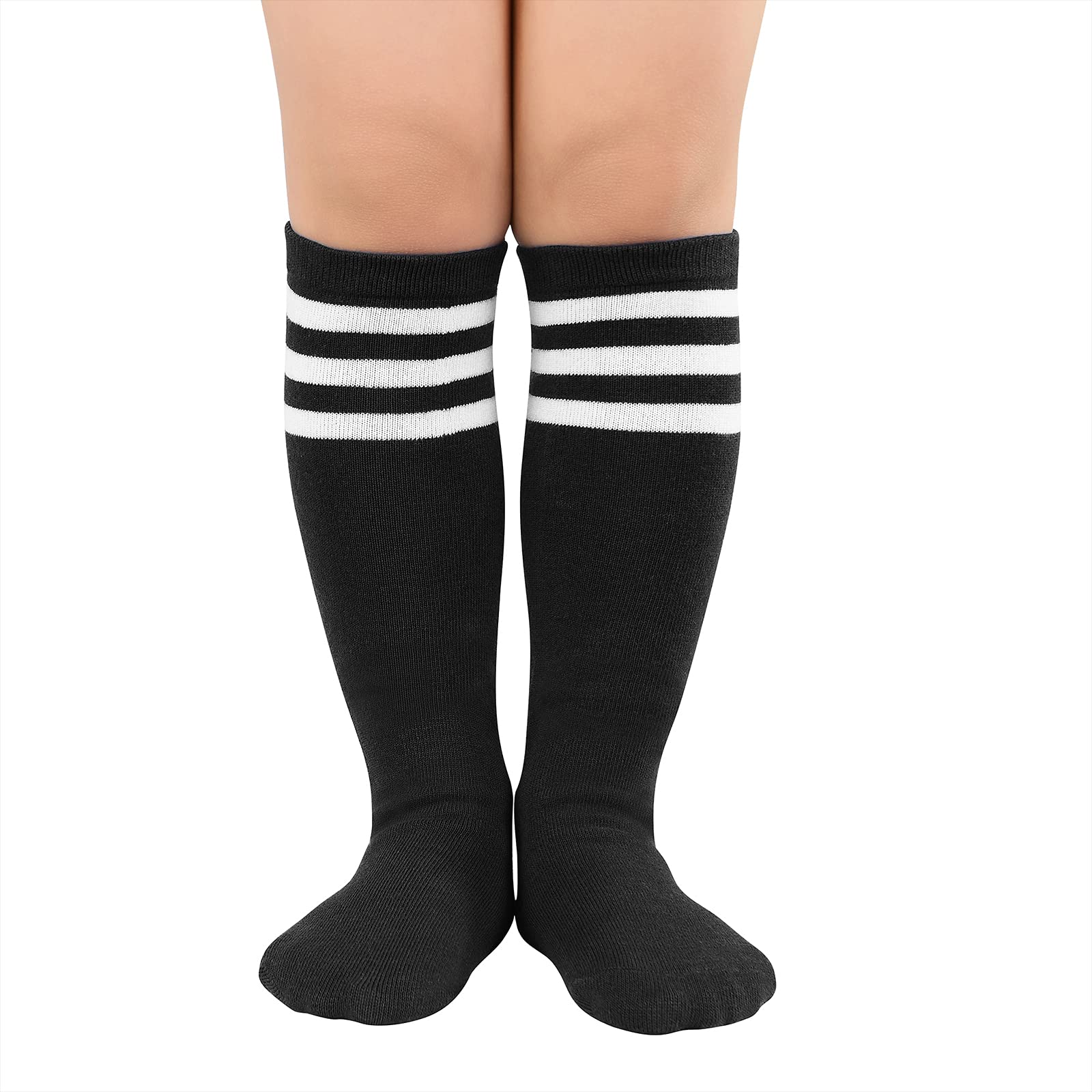 American Trends Kids Soccer Socks Toddler Knee High Tube Socks for Boys Girls School Uniform Striped Long Sports Athletic Socks 2 Pack Pink Black White 3-6 Years