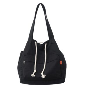 canvas tote bag for women, casual shoulder bag, big capacity women handbag with pocket for travel, work, school (black)