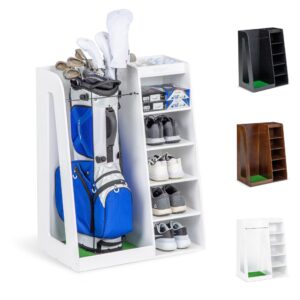 gosports premium wooden golf bag organizer and storage rack – black, brown, and white