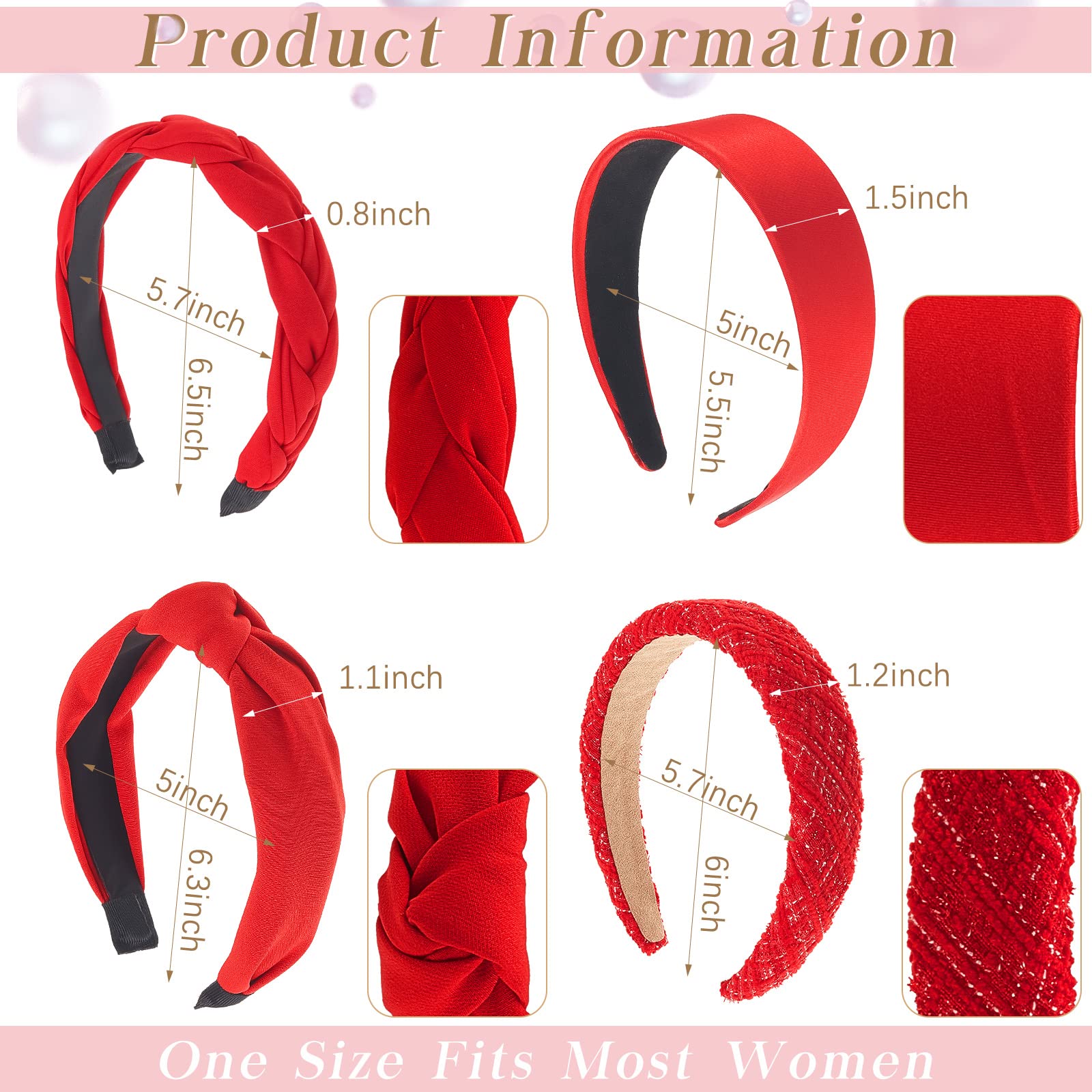 Taiyin 4 Pcs Red Headband Red Accessories Knotted Headband Criss Cross Hair Accessories Satin Headband Red Velvet Braided Headband for Women Chinese New Year Valentine's Day Christmas(Lovely Style)