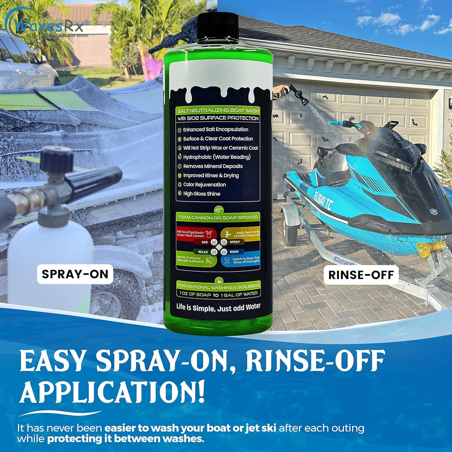 WavesRx Salt Neutralizing Boat Soap & Jet Ski Wash with SiO2 Surface Protection (EpicWash+) | Marine Grade Cleaner Removes Salt & Contaminants | Protective Ceramic Coating Prevents Buildup & UV Damage