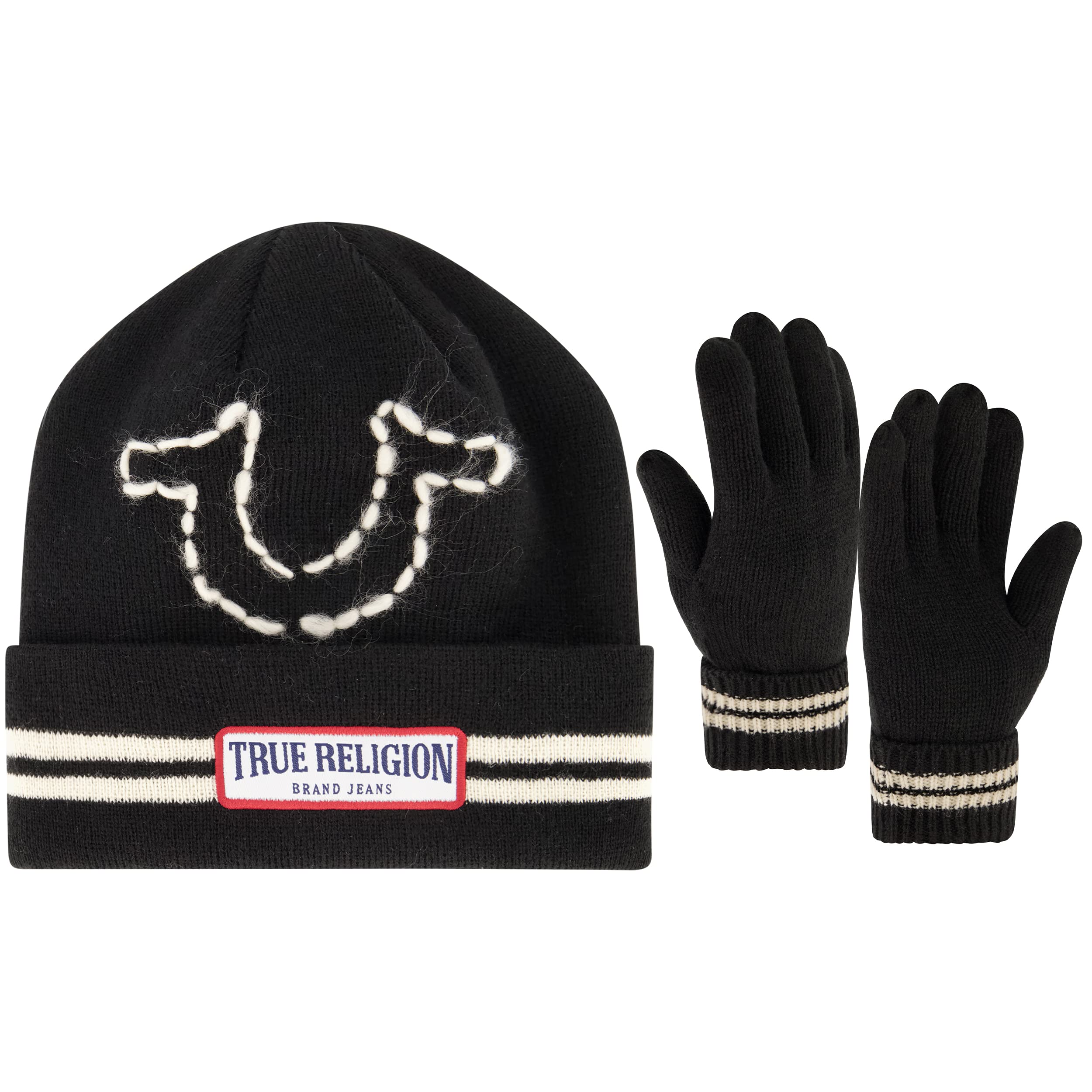 True Religion Beanie Hat and Gloves Set, Cuffed Winter Knit Cap with Stitched Yarn Horseshoe Logo and Fleece Lined Mittens, Black, One Size