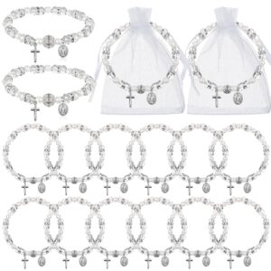 taiyin rosary bracelet bulk with mesh bags, white religious rosary bead bracelet catholic bracelets, baptism first communion gifts for women(12 pcs)