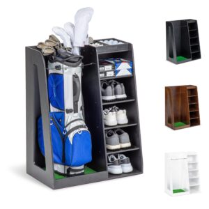 gosports premium wooden golf bag organizer and storage rack – black, brown, and white