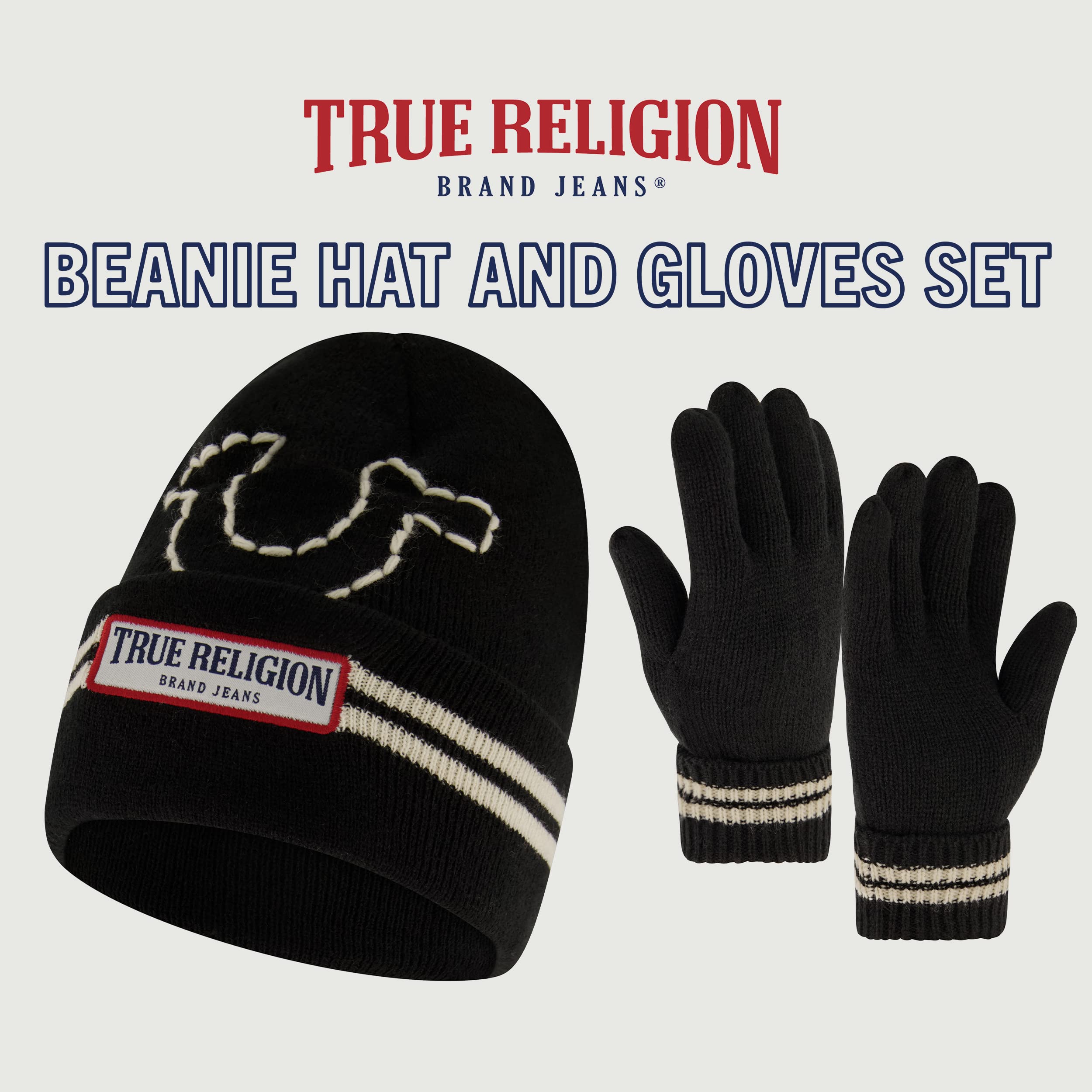 True Religion Beanie Hat and Gloves Set, Cuffed Winter Knit Cap with Stitched Yarn Horseshoe Logo and Fleece Lined Mittens, Black, One Size