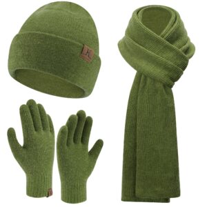 Mens Womens Winter Warm Beanie Hats Long Neck Scarf Touchscreen Gloves Set Knit Skull Caps Scarves Gifts for Women Men Olive Green