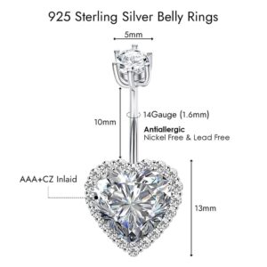 Musegetes Sterling Silver Belly Button Rings, Real 925 Sterling Silver, Heart Belly Rings, 14G Navel Piercing Rings, High Polished Smooth Surface, Resists Allergy, Sterling Silver, cubic zirconia