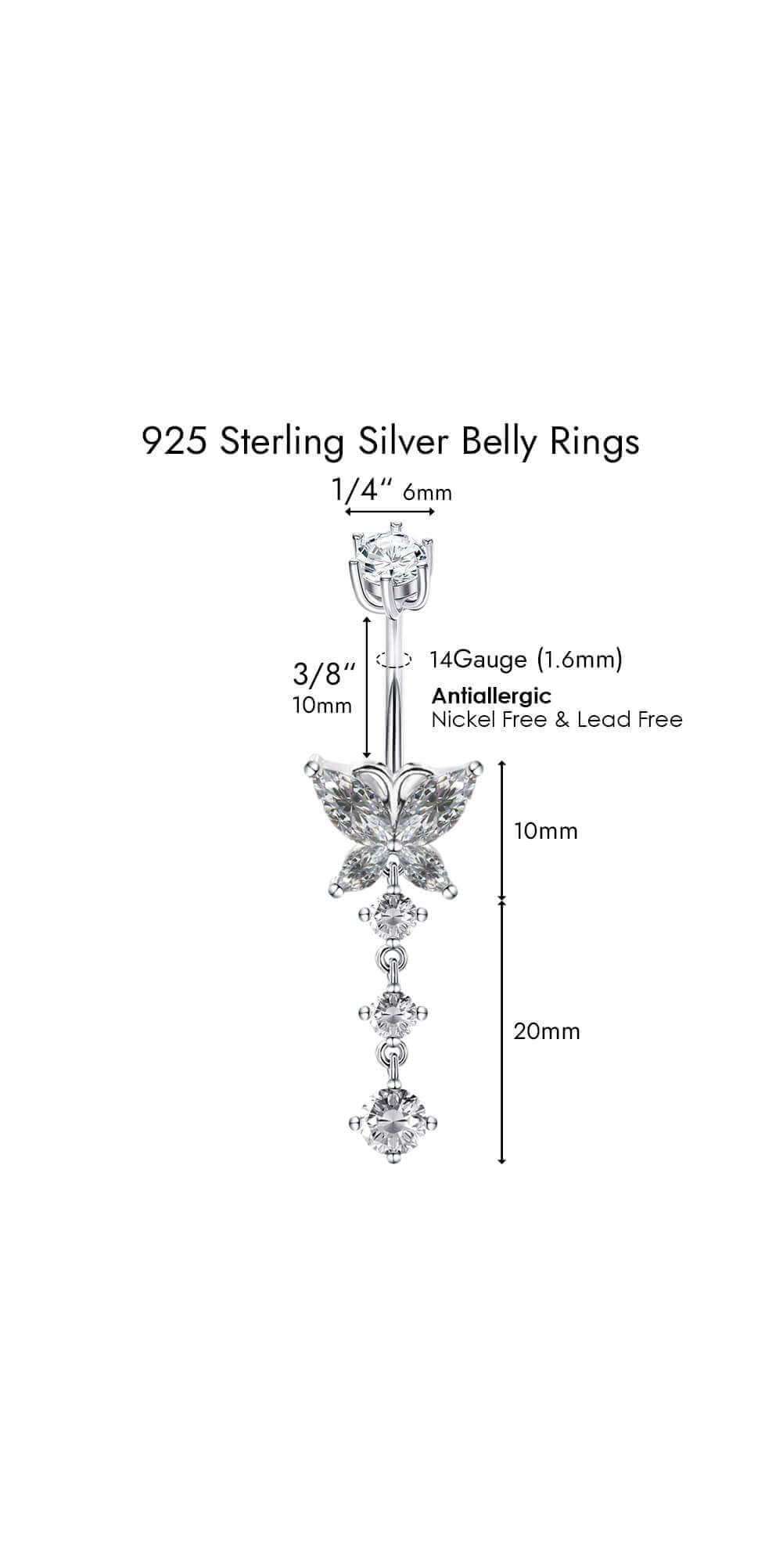 Musegetes Sterling Silver Belly Button Rings, Real 925 Sterling Silver, Butterfly CZ Belly Rings, 14G Navel Piercing Rings, High Polished Smooth Surface, Sterling Silver, cubic zirconia