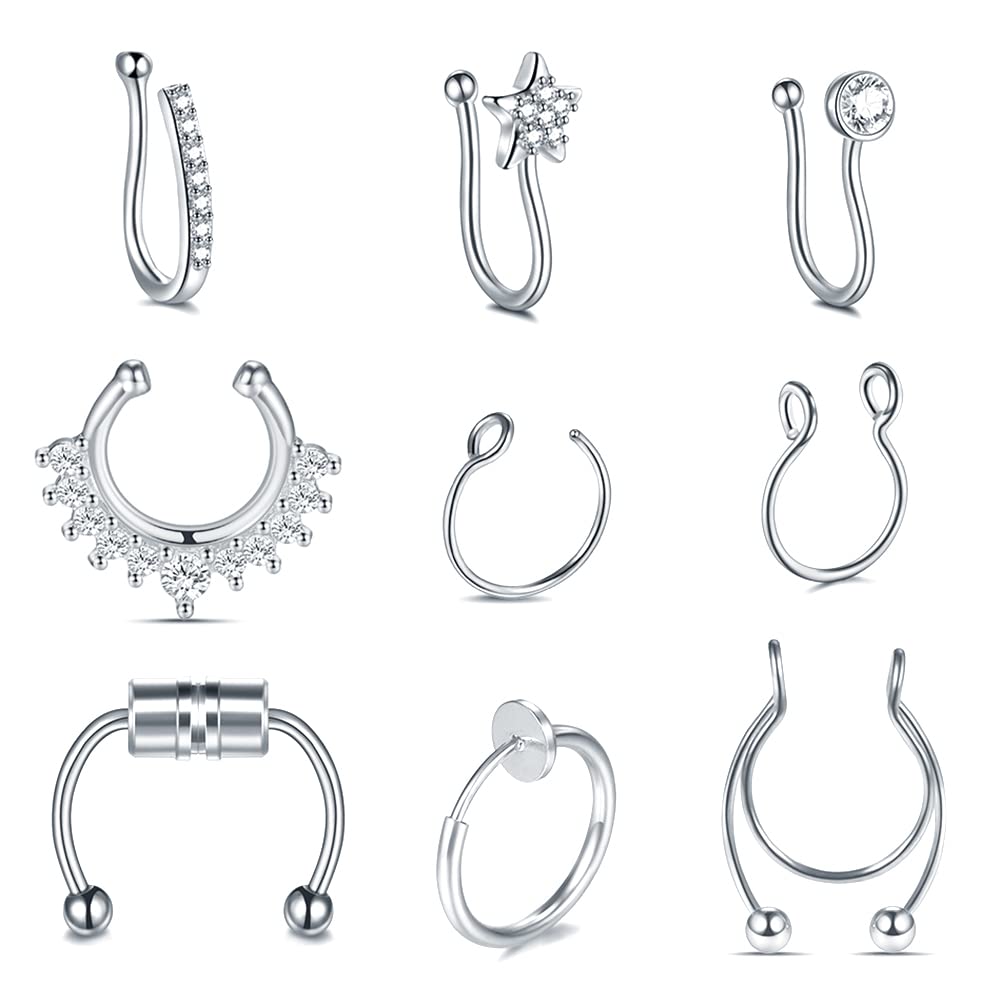 ChiMunllin 9PCS Faux Nose Septum Fake Nose Rings Fake Nose Piercing Studs Rings Stainless Steel Faux Nose Hoop Rings Non Piercing Jewelry for Women Men