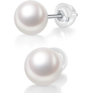 IMOLOVE AAA+ Handpicked White Real Pearl Earrings for Women with 7.5mm Round White Freshwater Genuine Cultured Pearls Stud Earrings for Women Sterling Silver with 18K White Gold Plated