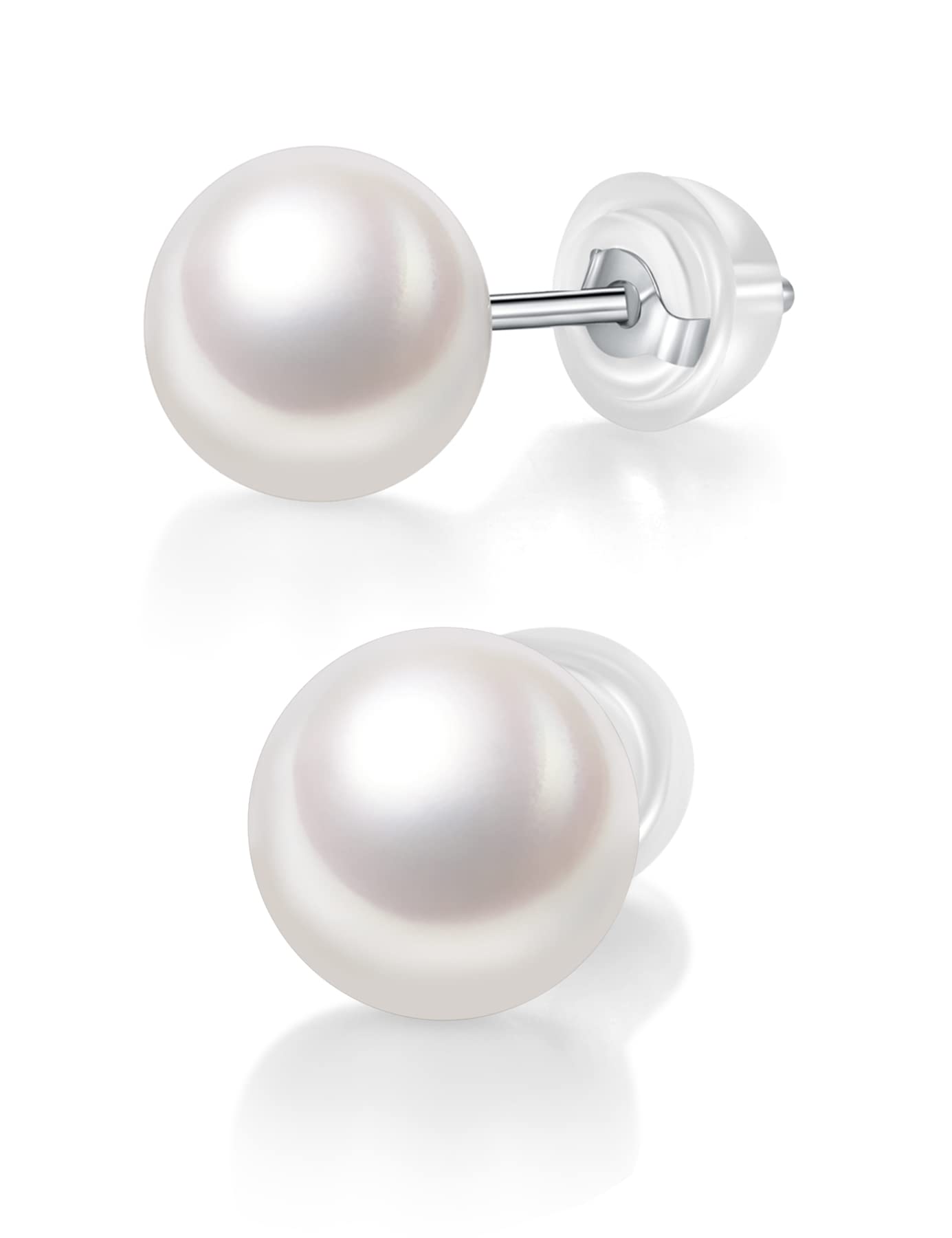 IMOLOVE AAA+ Handpicked White Real Pearl Earrings for Women with 7.5mm Round White Freshwater Genuine Cultured Pearls Stud Earrings for Women Sterling Silver with 18K White Gold Plated