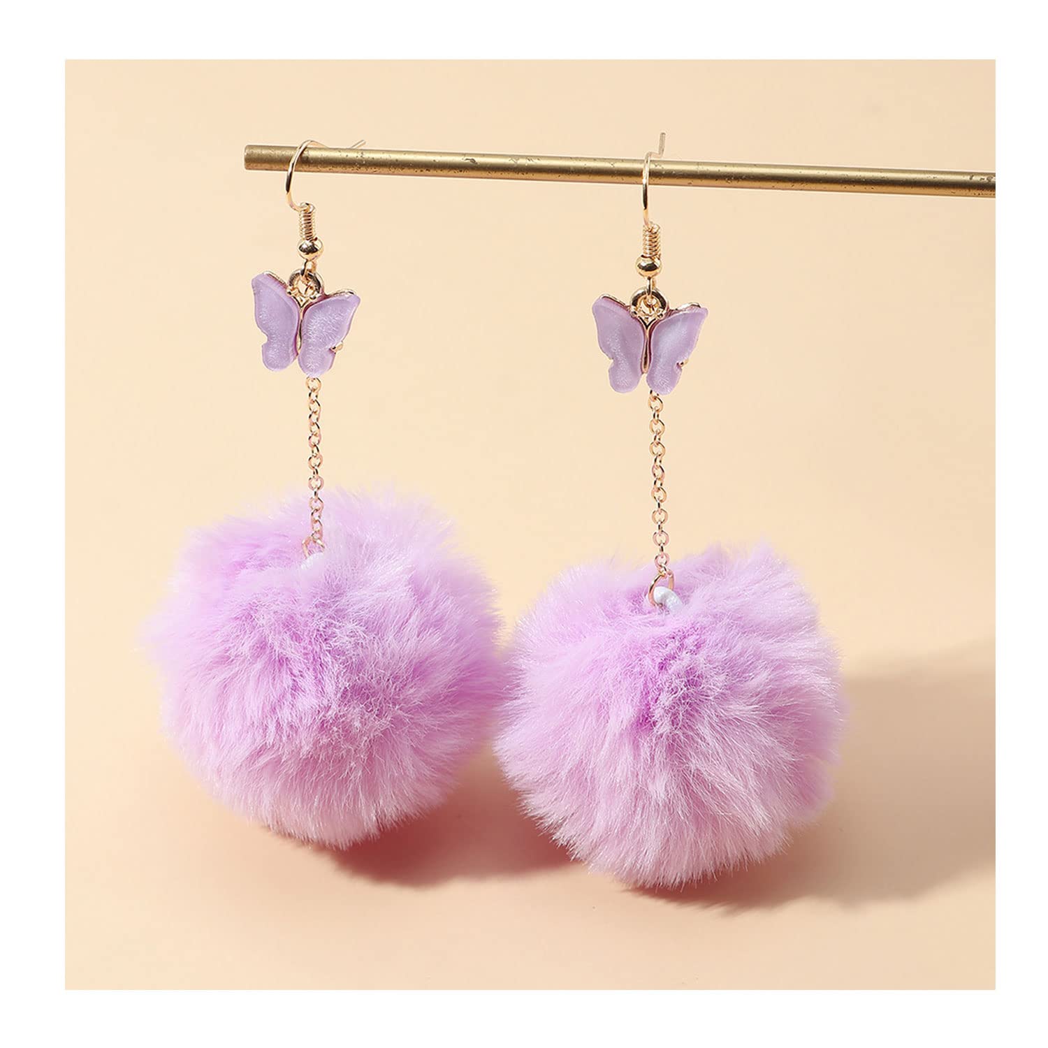 Pom Pom Earrings for Women Trendy Butterfly Puffy Dangle Earrings Faux Fur Ball Fluffy Earrings Rave Earrings Prom earrings Puffy Round Earrings Fun Fairy Earrings for Women