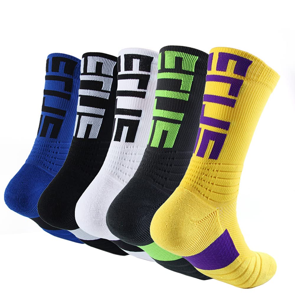 ADOUZWM Sports Crew Socks for Men Cushioned Athletic Socks 5-Pack Elite Basketball Socks Thick Outdoor Performance Socks