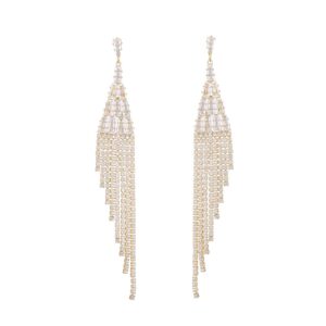 dayustar chandelier gold tassel pave crystal earrings boho fringe rhinestone dangle earrings for women long drop linear earrings