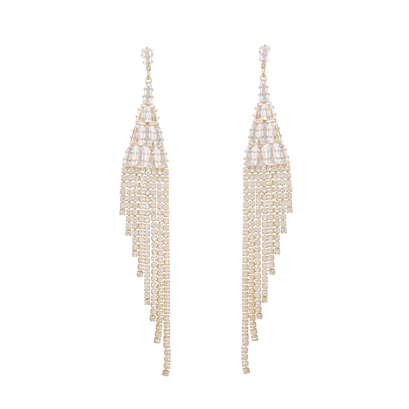 DAYUSTAR Chandelier Gold Tassel Pave Crystal Earrings Boho Fringe Rhinestone Dangle Earrings for Women Long Drop Linear Earrings