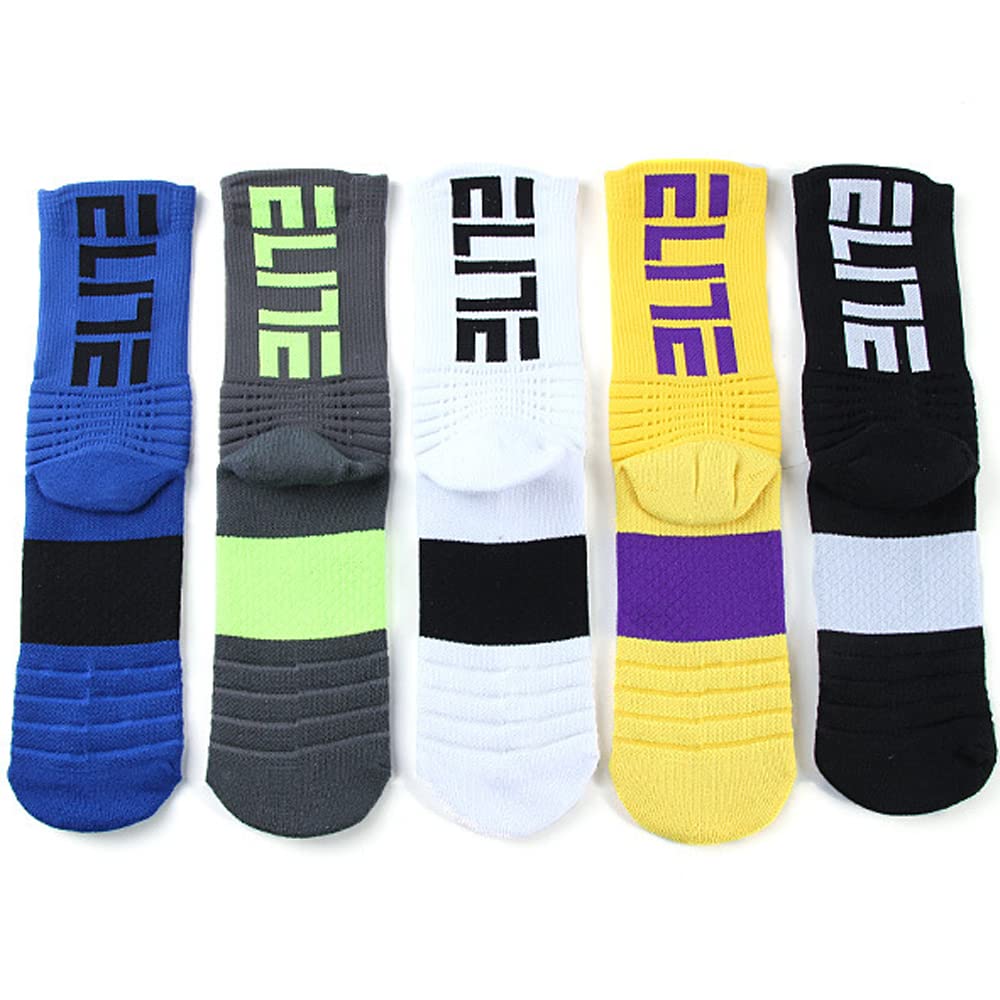 ADOUZWM Sports Crew Socks for Men Cushioned Athletic Socks 5-Pack Elite Basketball Socks Thick Outdoor Performance Socks