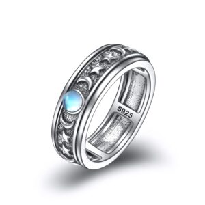 POPLYKE Sterling Silver Anxiety Spinner Rings Moonstone Moon And Star Ring Rotatable Mood Rings for Women Relieve Stress Gift（9 Size）