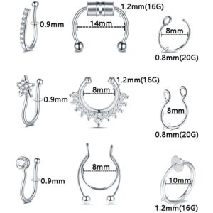 ChiMunllin 9PCS Faux Nose Septum Fake Nose Rings Fake Nose Piercing Studs Rings Stainless Steel Faux Nose Hoop Rings Non Piercing Jewelry for Women Men