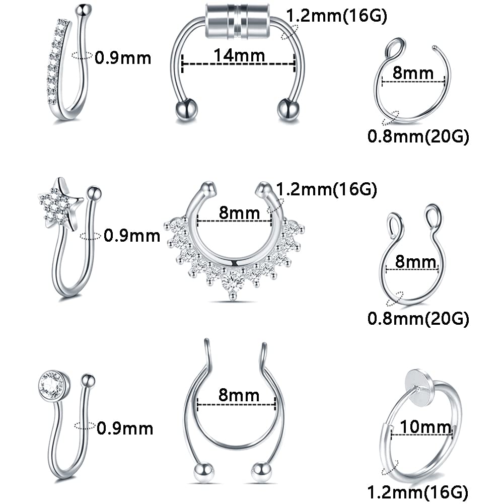 ChiMunllin 9PCS Faux Nose Septum Fake Nose Rings Fake Nose Piercing Studs Rings Stainless Steel Faux Nose Hoop Rings Non Piercing Jewelry for Women Men