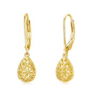 filigree leverback earrings 14k solid gold teardrop earrings for women daisy flower leverback heart dangle drop earrings jewelry christmas gifts for her