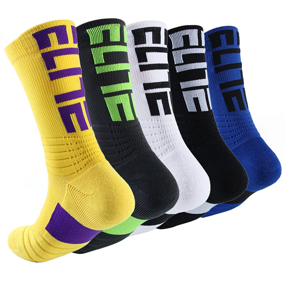 ADOUZWM Sports Crew Socks for Men Cushioned Athletic Socks 5-Pack Elite Basketball Socks Thick Outdoor Performance Socks